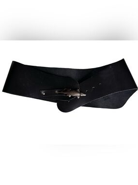 Vintage Black Leather Wide Waist Belt | Crocodile Alligator Buckle Size: 31-35in